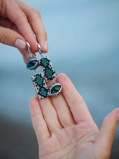 Серьги "Гипноз джунглей" зеленый асимметрия