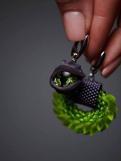 Серьги "Драконы" сиренево-лаймовые